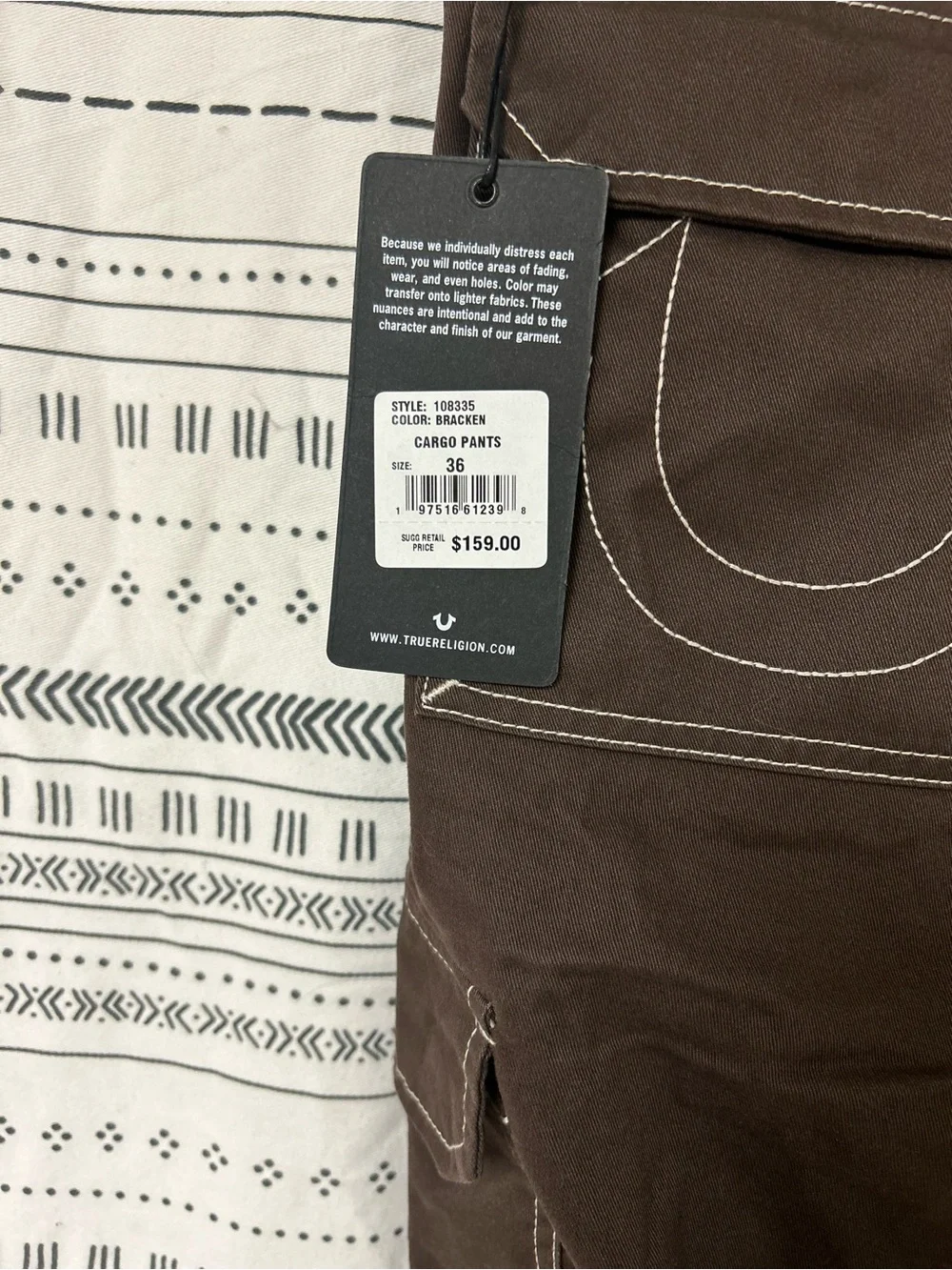 NEW True‎ Religion Men’s Big T Military Cargo Pants Bracken Brown Sz 36 $159